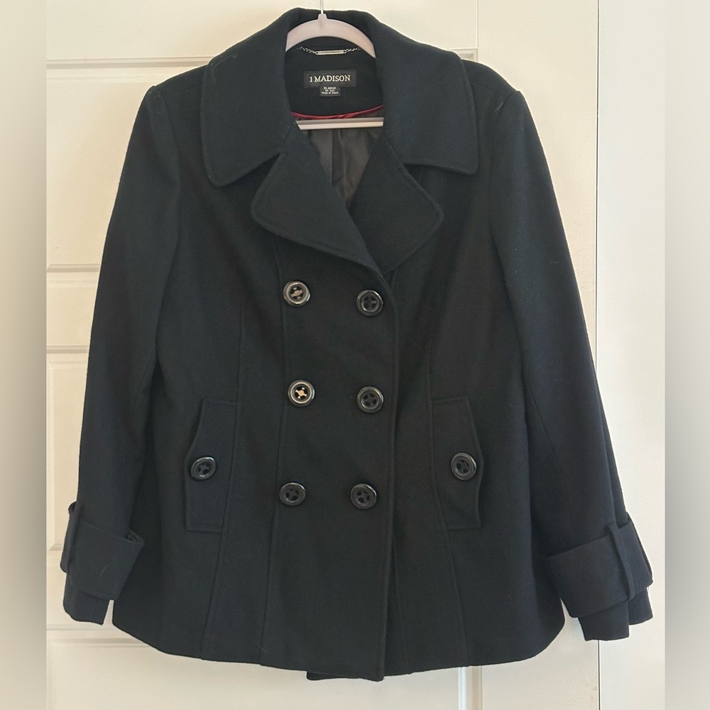 1 Madison Elegant Black Pea Coat, Black, Size XL, excellent preowned condition